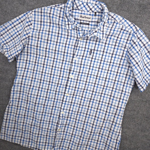 Barbour Shirt Mens L Blue Check Summer Seersucker Short Sleeve Button Up Casual - Picture 1 of 9
